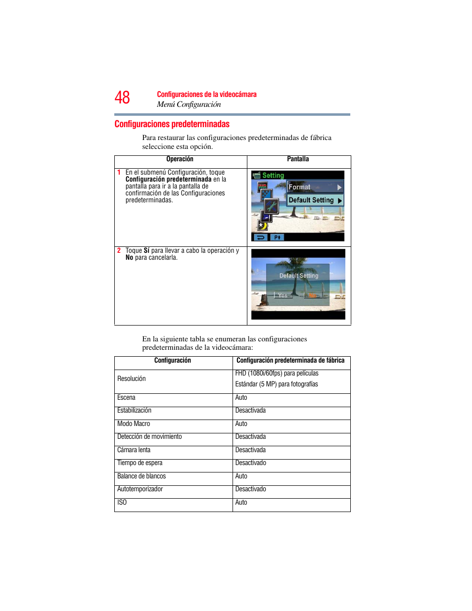 Configuraciones predeterminadas | Toshiba Camileo X100 User Manual | Page 119 / 143