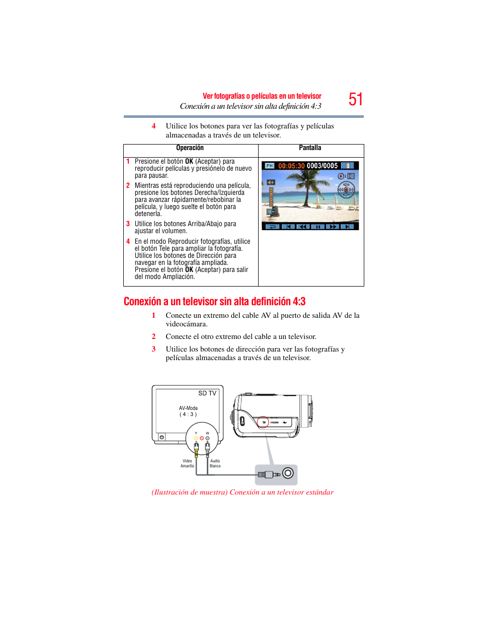 Conexión a un televisor sin alta definición 4:3 | Toshiba Camileo X100 User Manual | Page 122 / 143