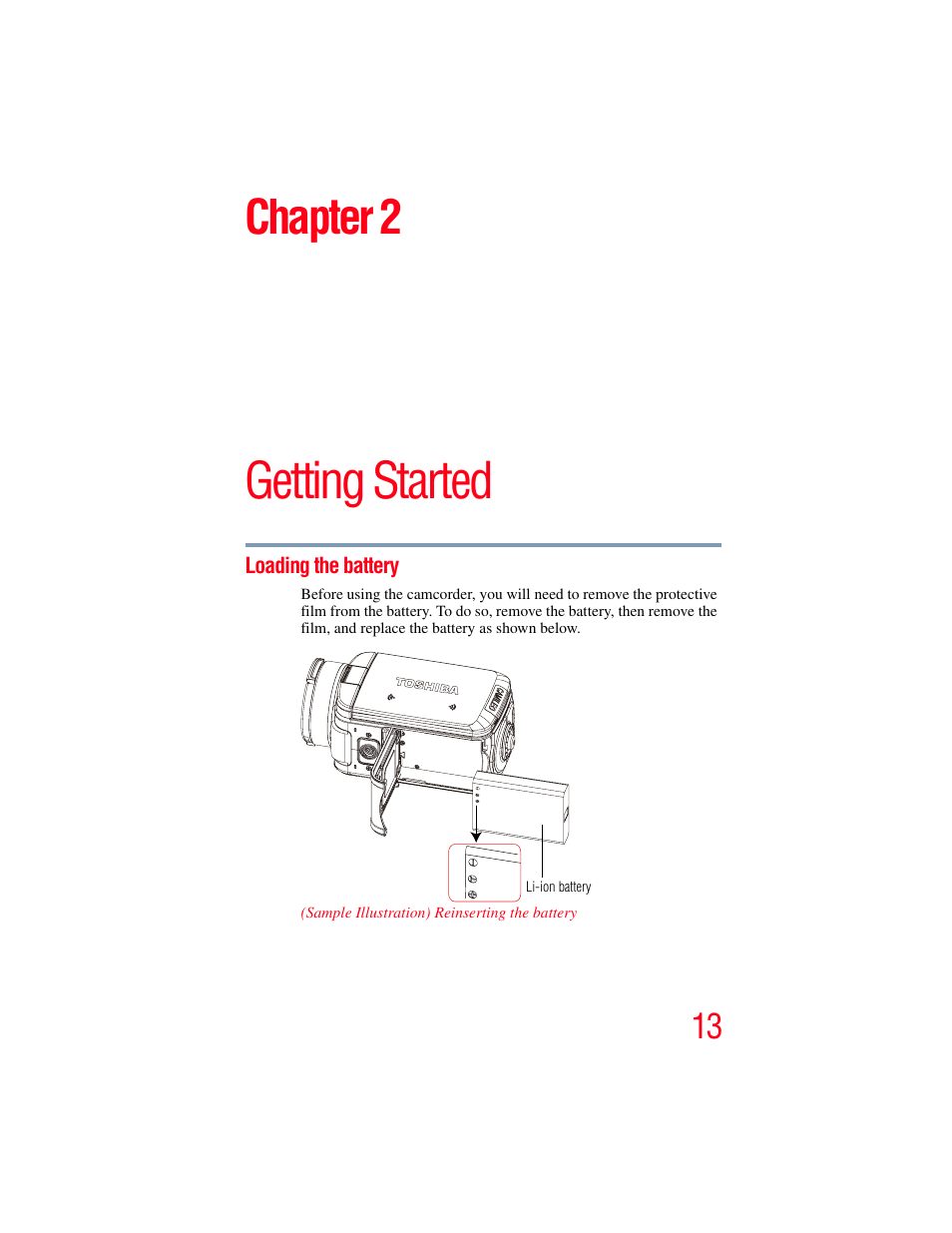 Chapter 2: getting started, Loading the battery, Getting started | Chapter 2 | Toshiba Camileo X100 User Manual | Page 13 / 143