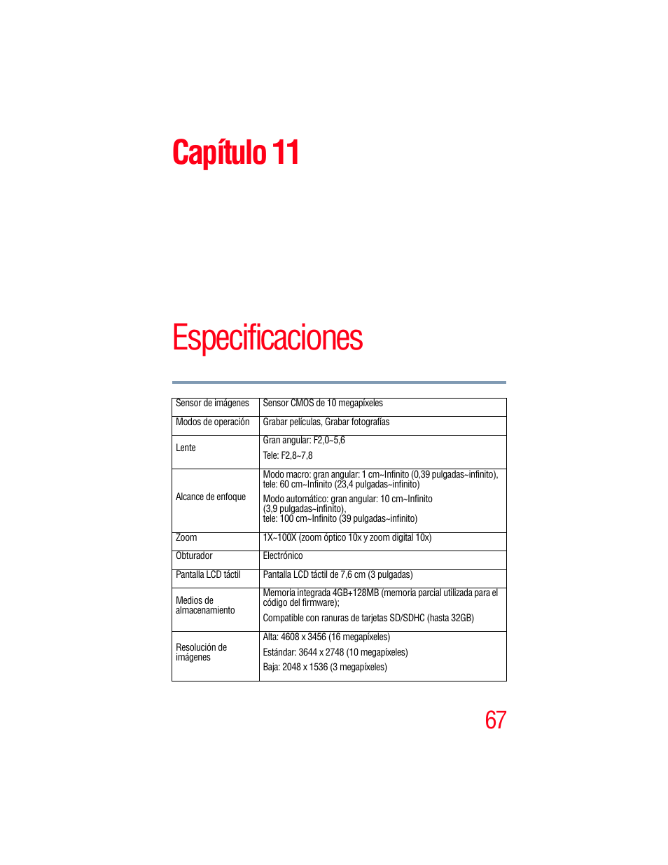 Capítulo 11: especificaciones, Especificaciones, Capítulo 11 | Toshiba Camileo X100 User Manual | Page 138 / 143