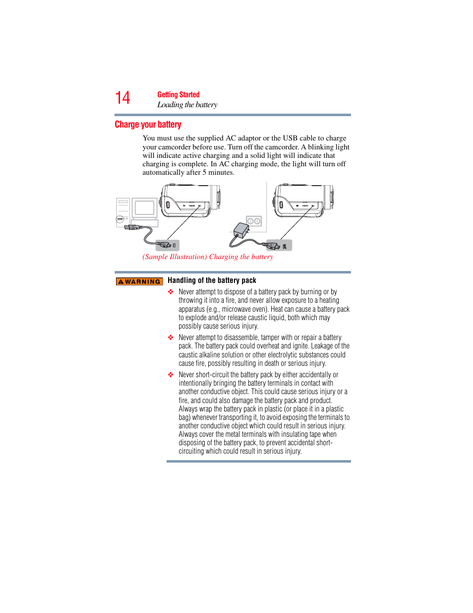 Charge your battery | Toshiba Camileo X100 User Manual | Page 14 / 143