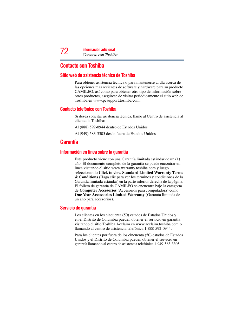 Contacto con toshiba, Sitio web de asistencia técnica de toshiba, Contacto telefónico con toshiba | Garantía, Información en línea sobre la garantía, Servicio de garantía | Toshiba Camileo X100 User Manual | Page 143 / 143