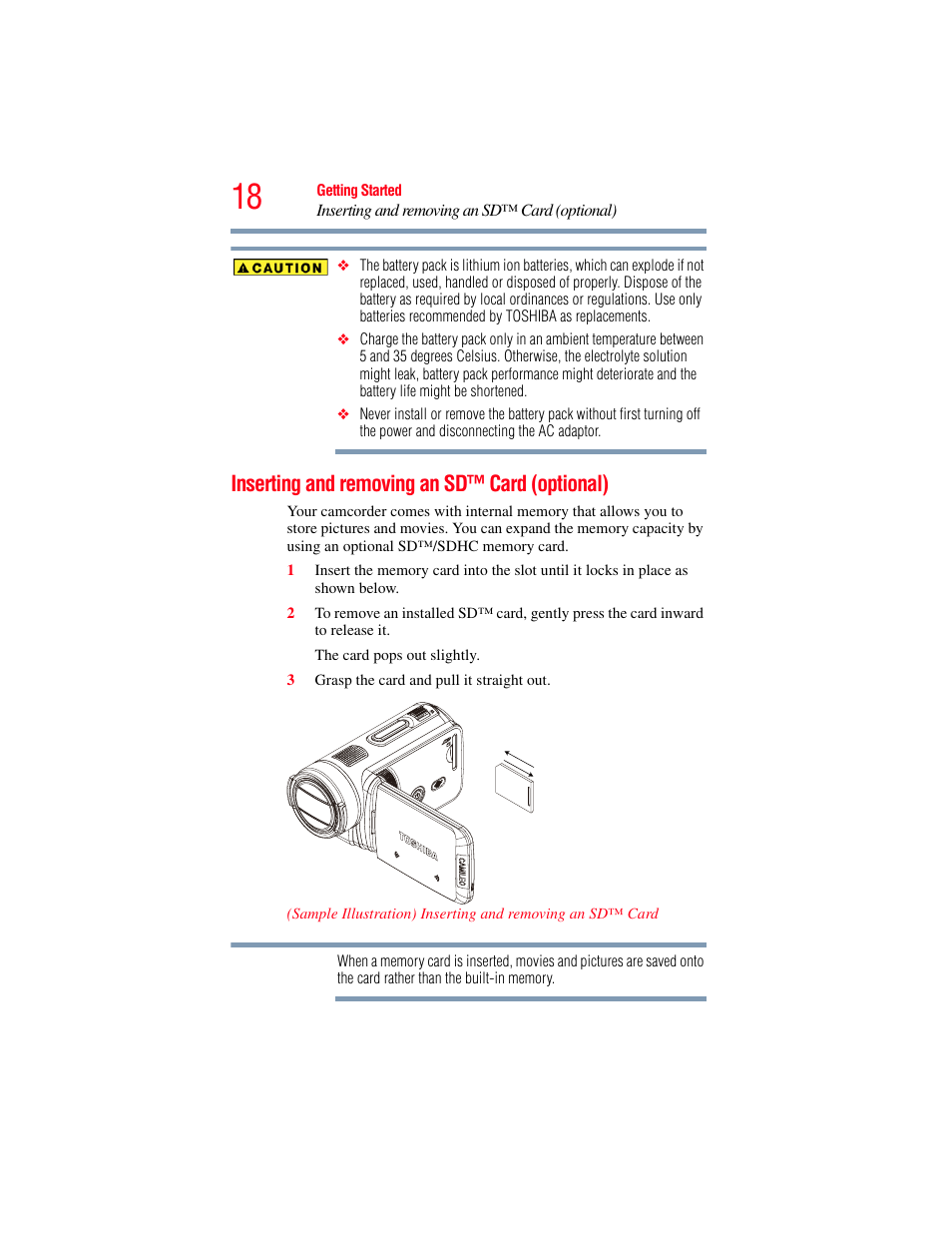 Inserting and removing an sd™ card (optional) | Toshiba Camileo X100 User Manual | Page 18 / 143