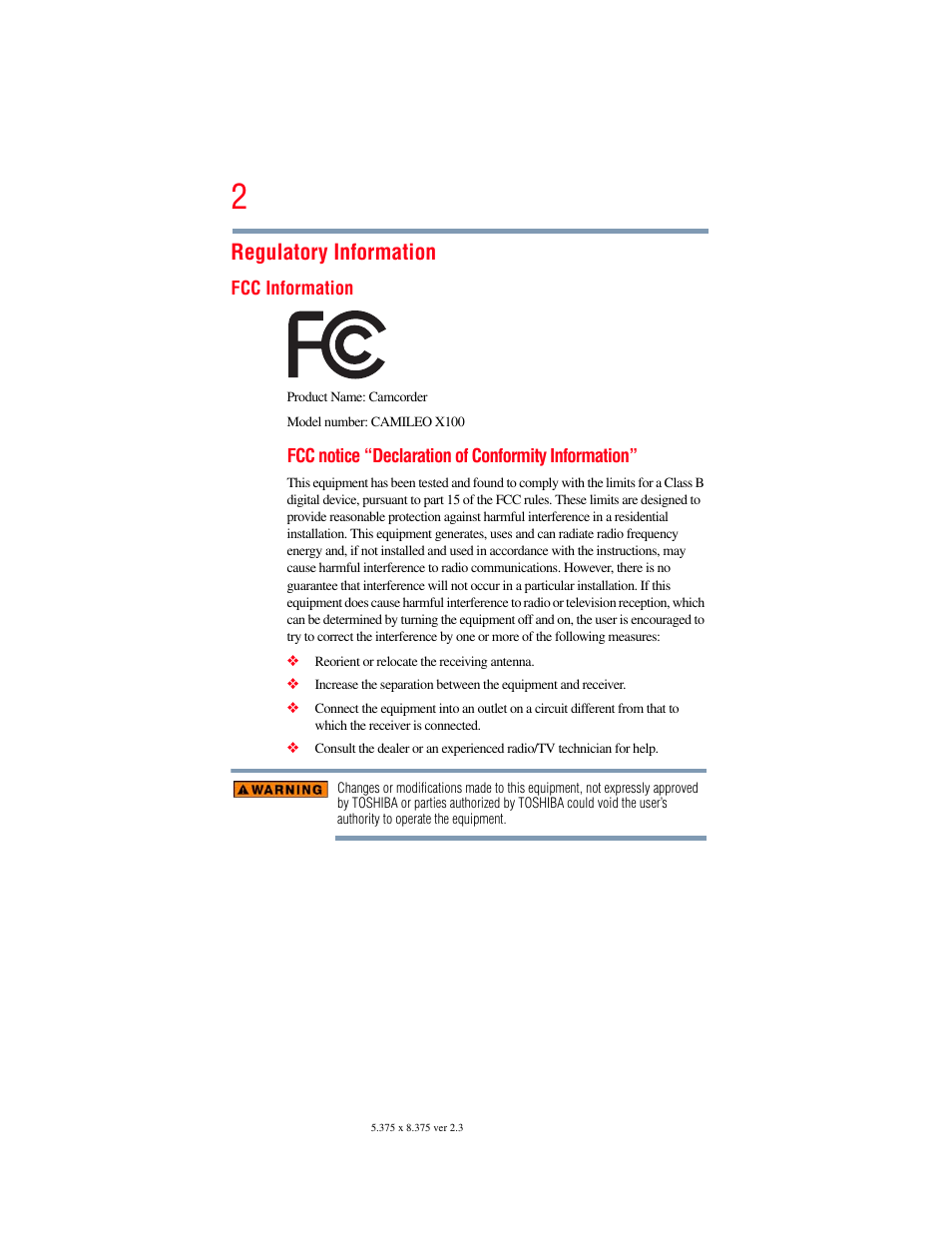 Regulatory information | Toshiba Camileo X100 User Manual | Page 2 / 143