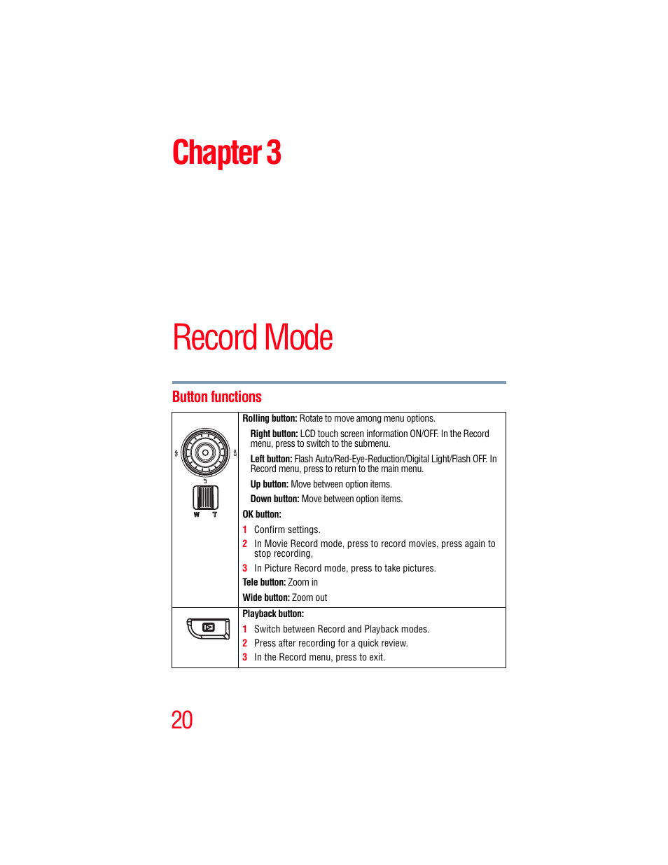 Chapter 3: record mode, Button functions, Record mode | Chapter 3 | Toshiba Camileo X100 User Manual | Page 20 / 143