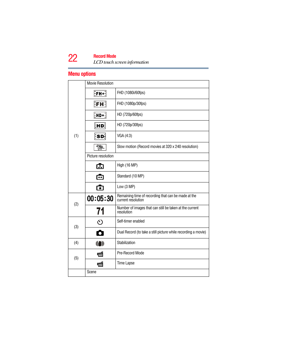 Menu options | Toshiba Camileo X100 User Manual | Page 22 / 143