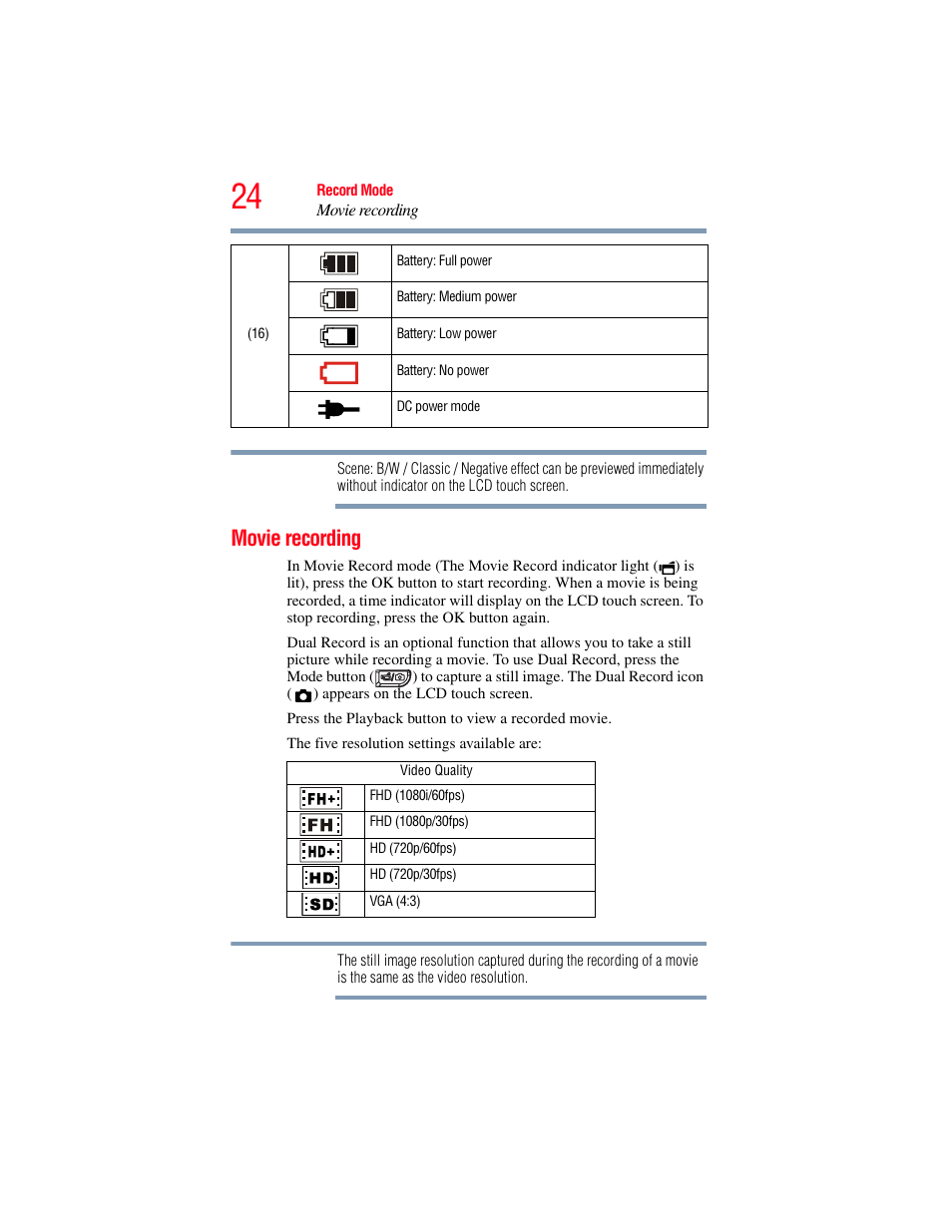 Movie recording | Toshiba Camileo X100 User Manual | Page 24 / 143