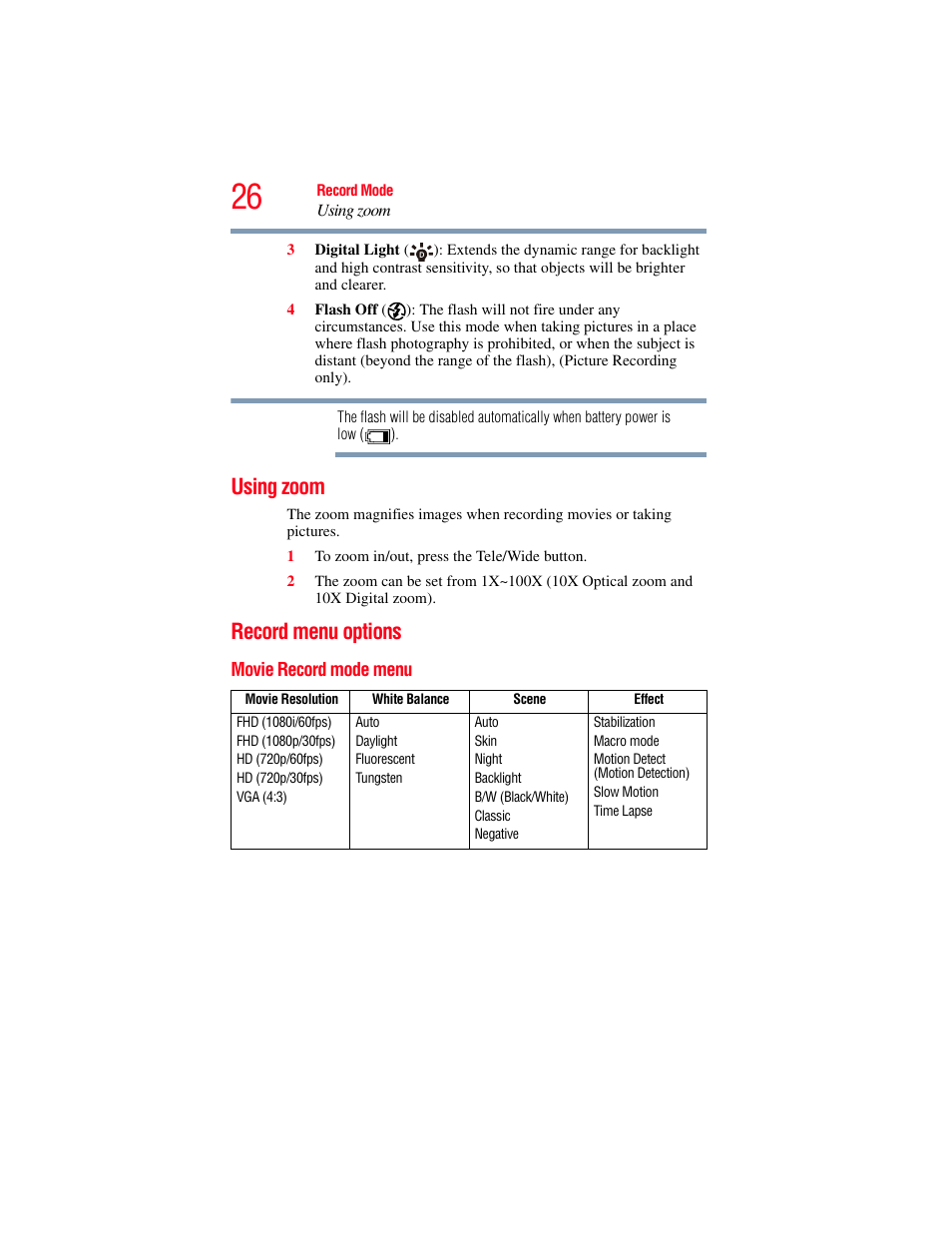 Using zoom, Record menu options, Movie record mode menu | Using zoom record menu options | Toshiba Camileo X100 User Manual | Page 26 / 143