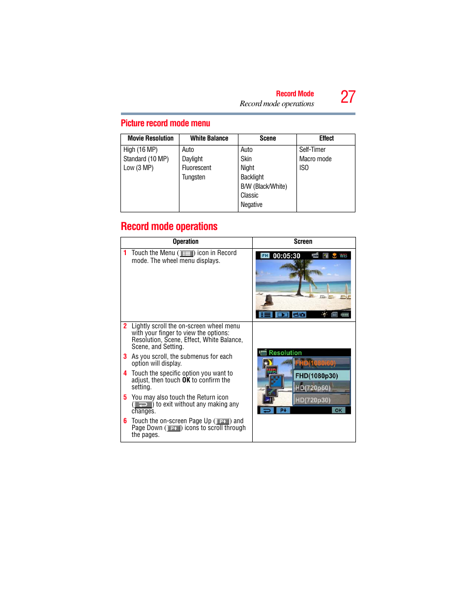 Picture record mode menu, Record mode operations | Toshiba Camileo X100 User Manual | Page 27 / 143