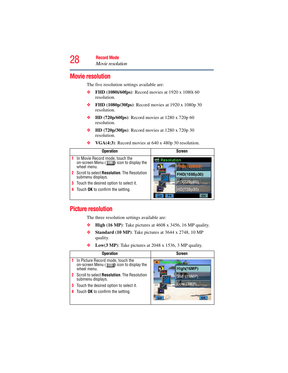 Movie resolution, Picture resolution, Movie resolution picture resolution | Toshiba Camileo X100 User Manual | Page 28 / 143