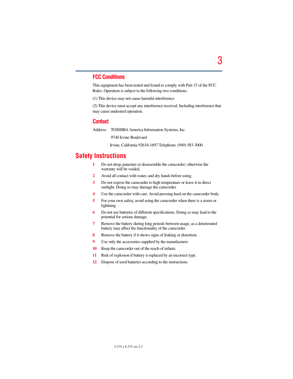 Safety instructions | Toshiba Camileo X100 User Manual | Page 3 / 143