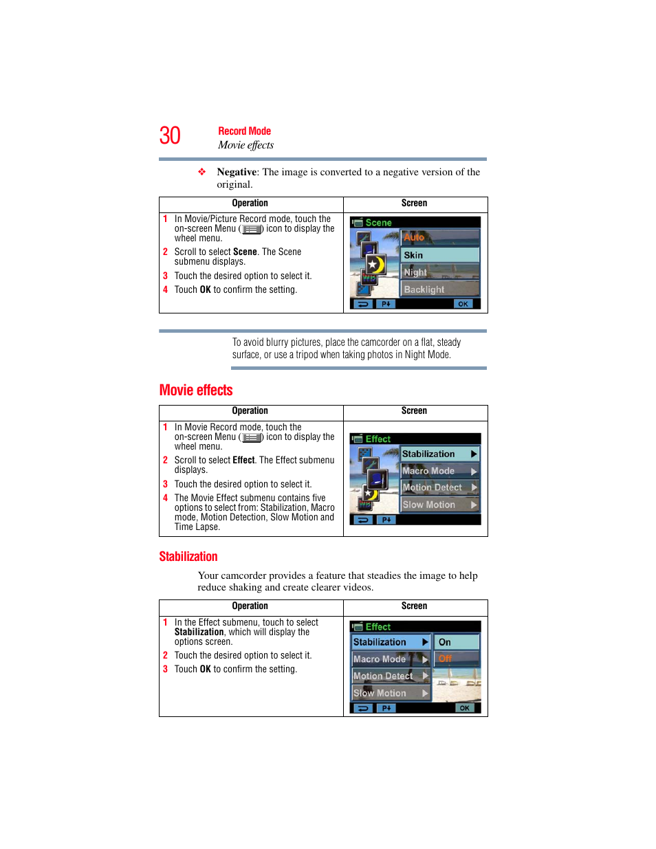 Movie effects, Stabilization | Toshiba Camileo X100 User Manual | Page 30 / 143