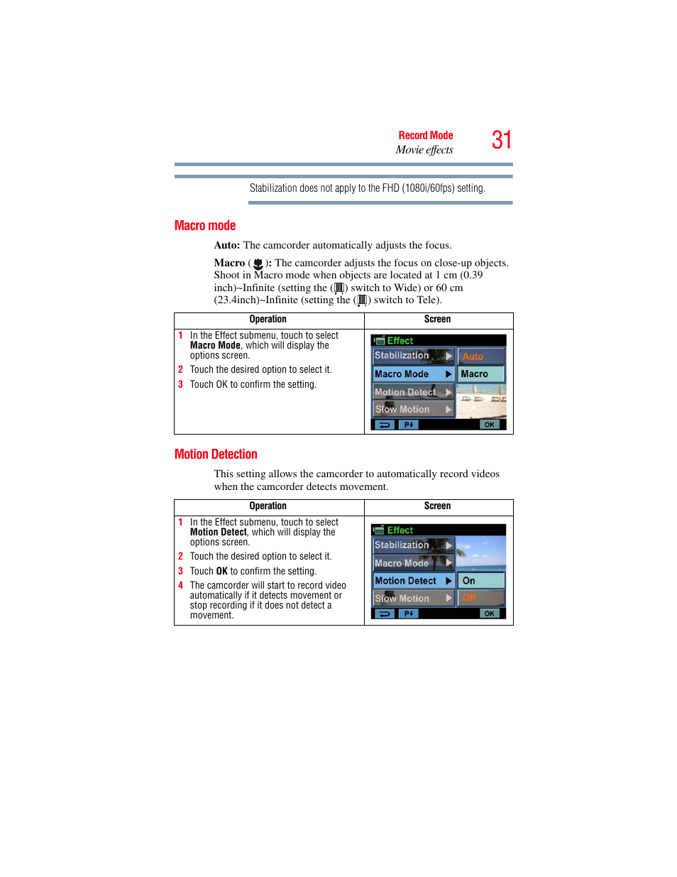 Macro mode, Motion detection, Macro mode motion detection | Toshiba Camileo X100 User Manual | Page 31 / 143