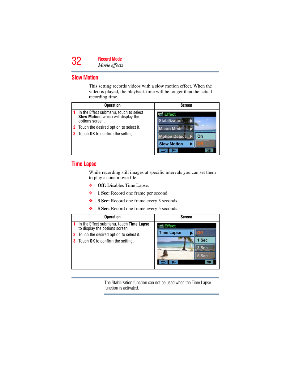 Slow motion, Time lapse, Slow motion time lapse | Toshiba Camileo X100 User Manual | Page 32 / 143