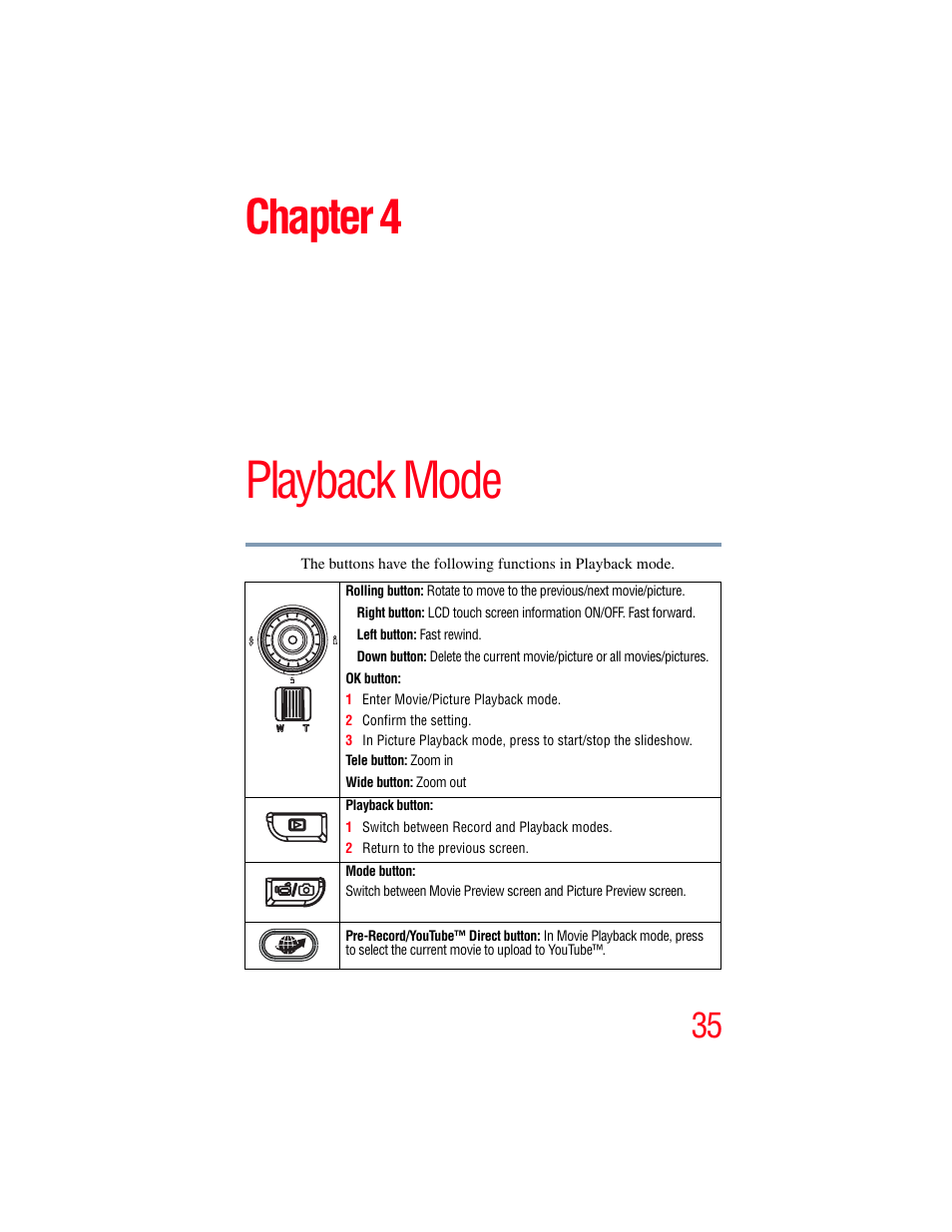 Chapter 4: playback mode, Playback mode, Chapter 4 | Toshiba Camileo X100 User Manual | Page 35 / 143