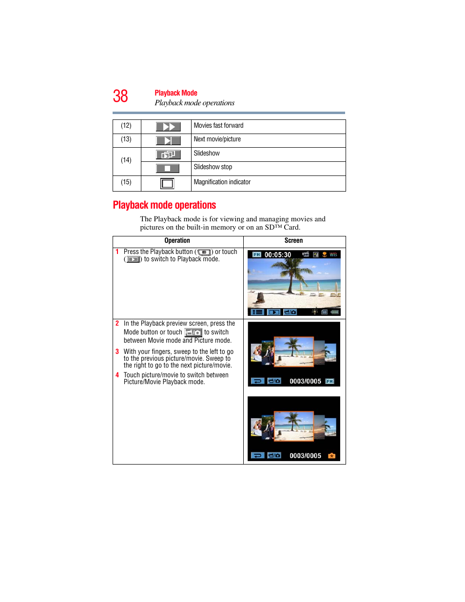 Playback mode operations | Toshiba Camileo X100 User Manual | Page 38 / 143