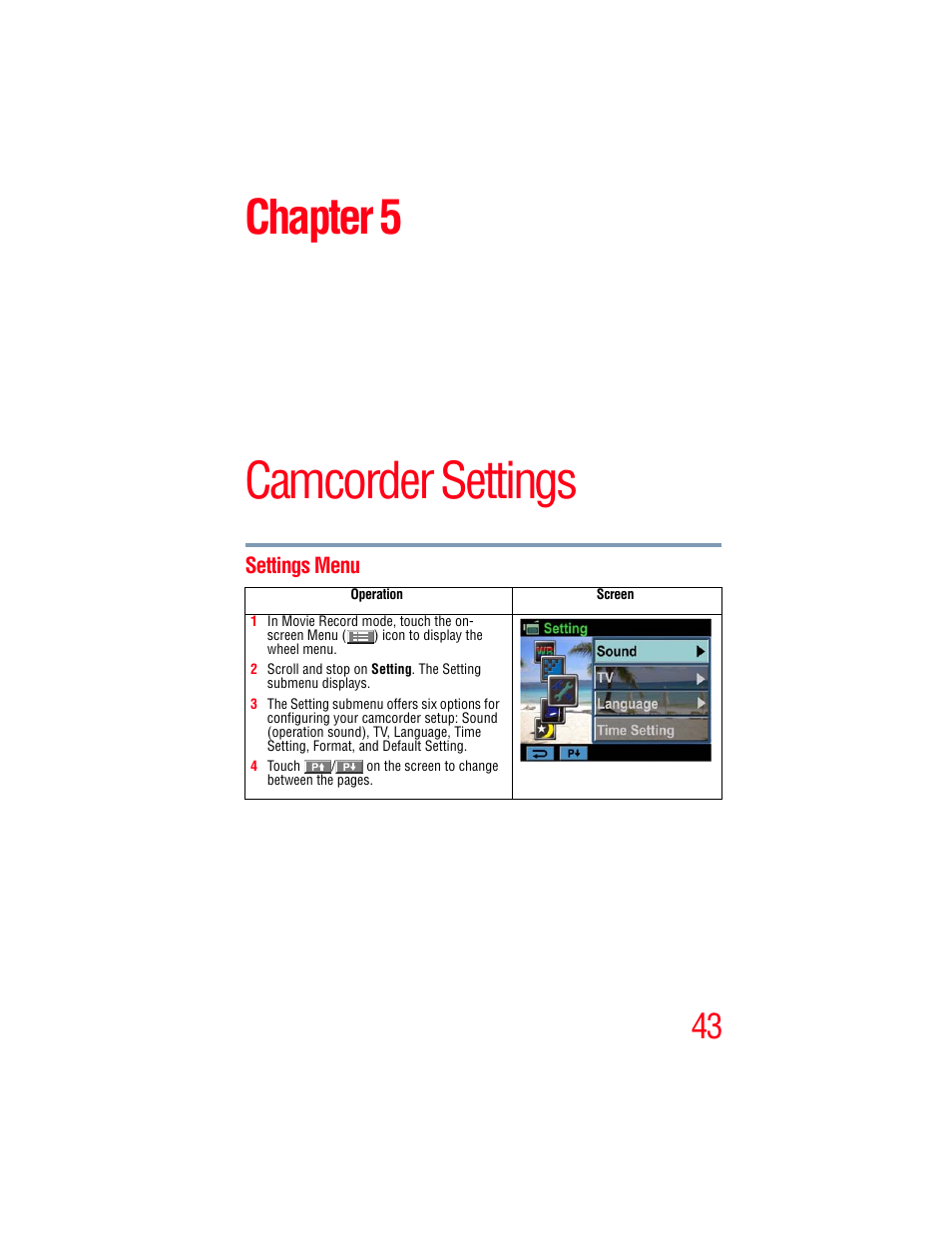 Chapter 5: camcorder settings, Settings menu, Camcorder settings | Chapter 5 | Toshiba Camileo X100 User Manual | Page 43 / 143