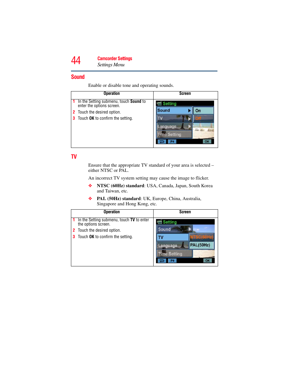 Sound, Sound tv | Toshiba Camileo X100 User Manual | Page 44 / 143