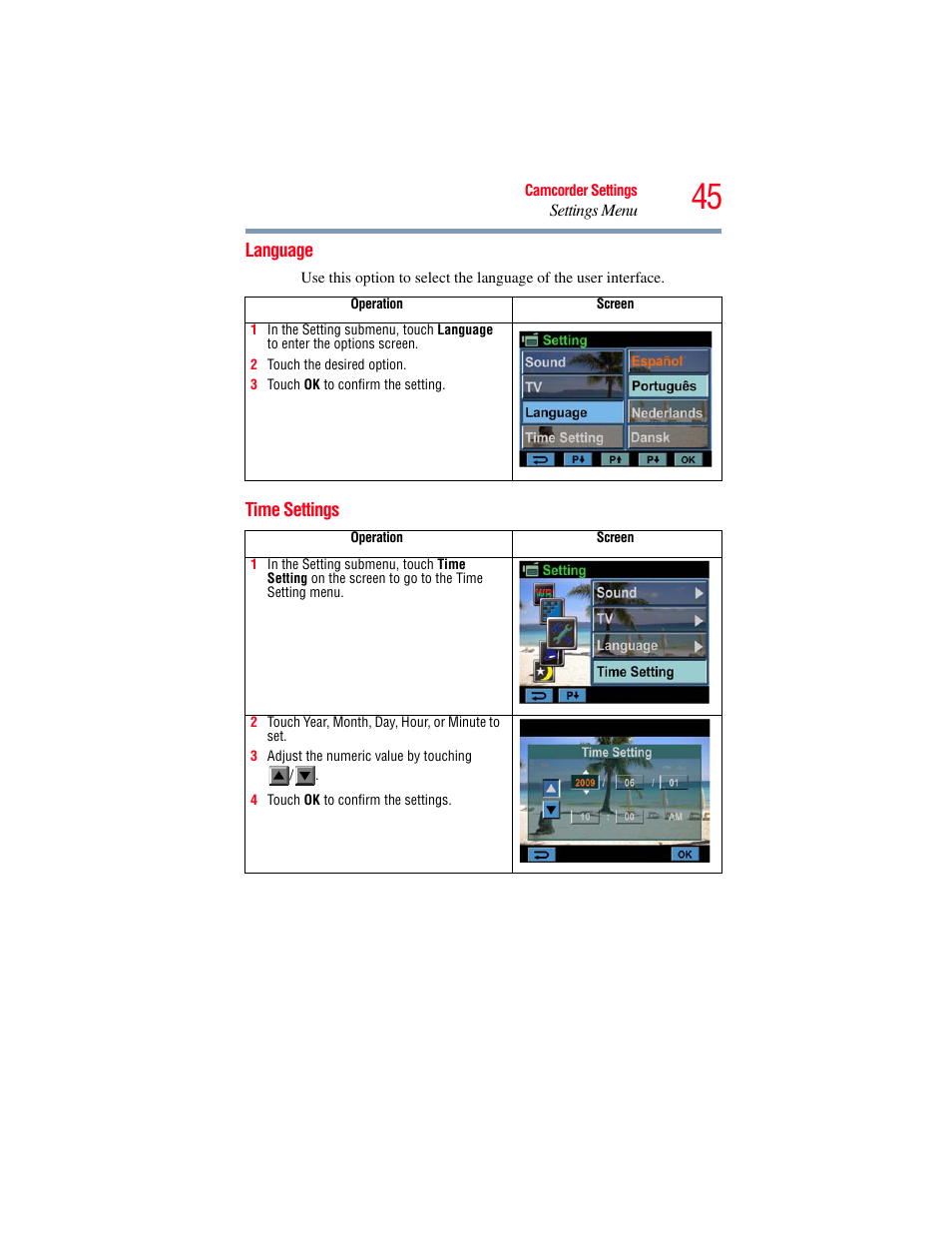 Language, Time settings | Toshiba Camileo X100 User Manual | Page 45 / 143