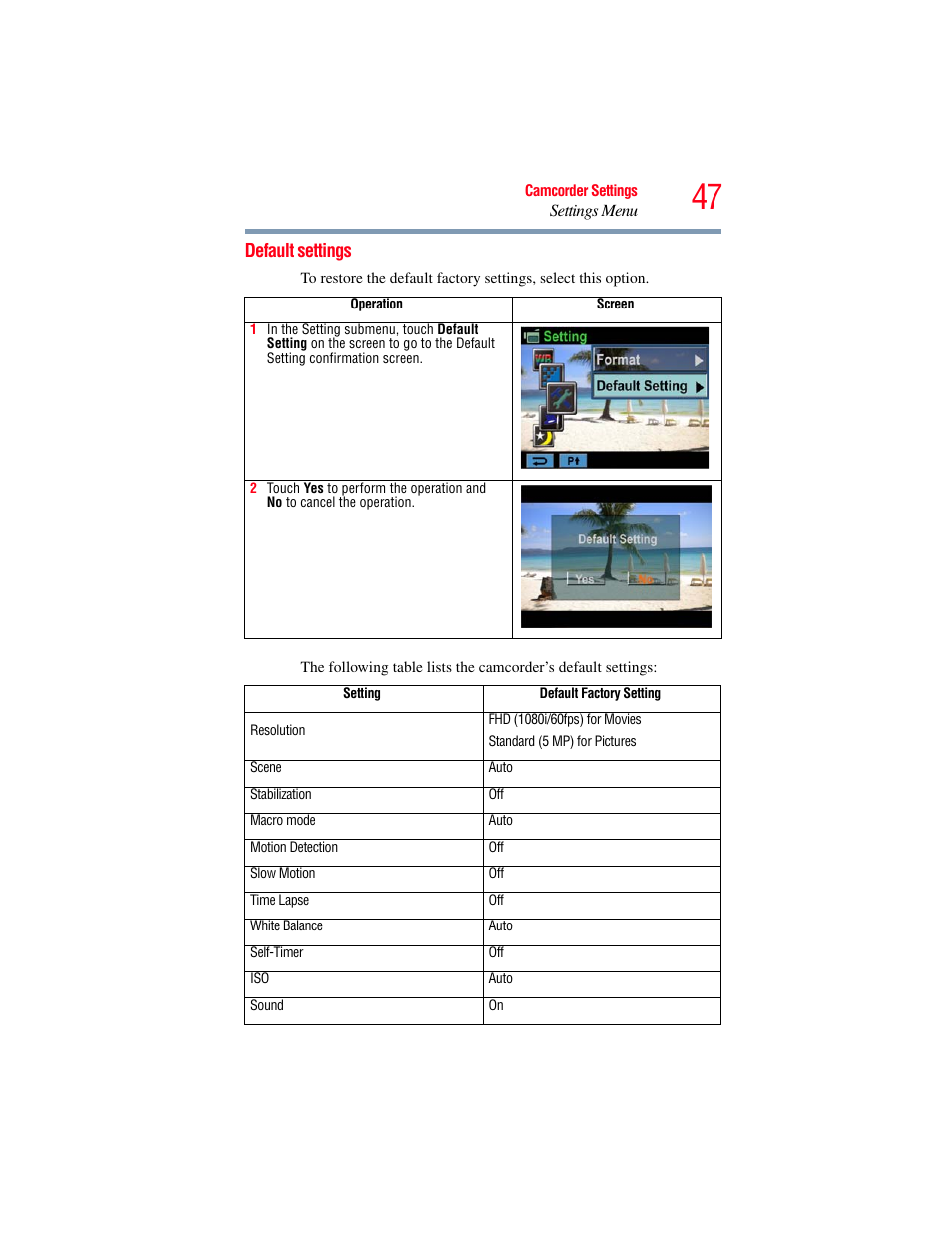 Default settings | Toshiba Camileo X100 User Manual | Page 47 / 143