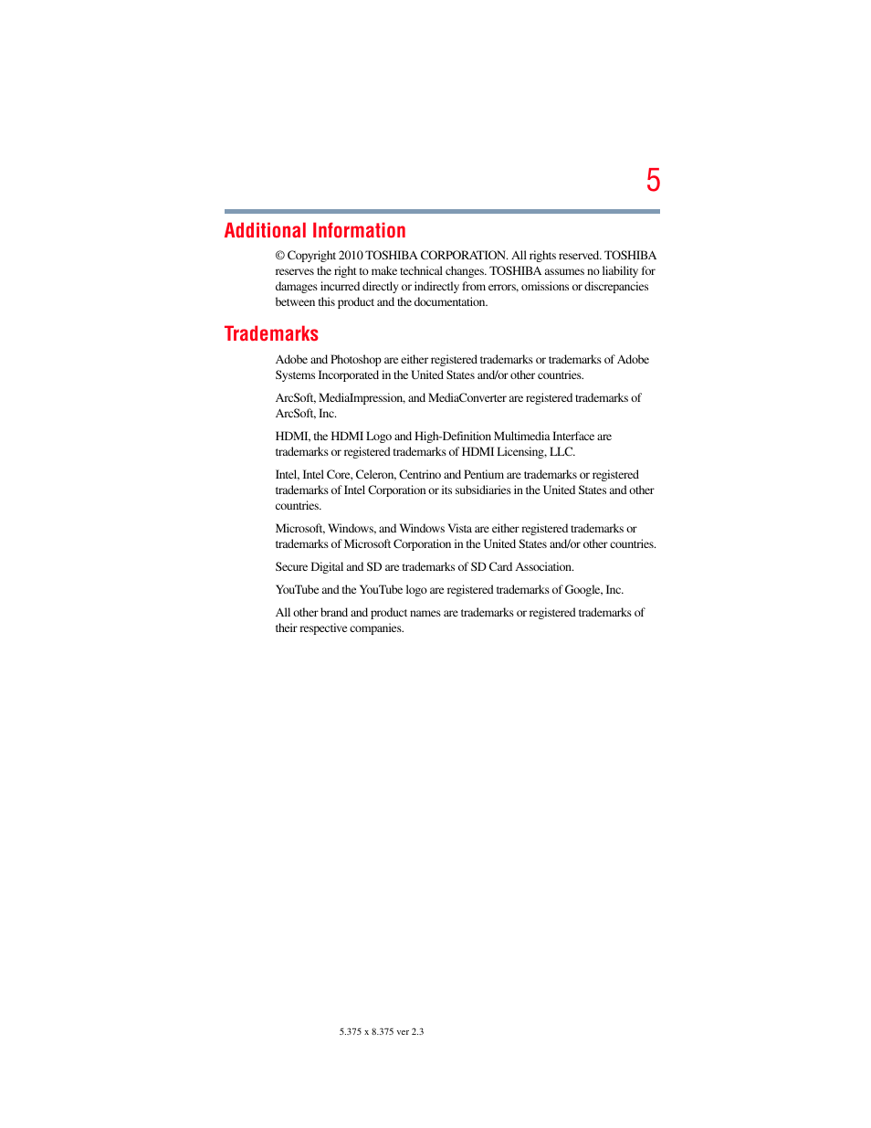 Additional information, Trademarks | Toshiba Camileo X100 User Manual | Page 5 / 143