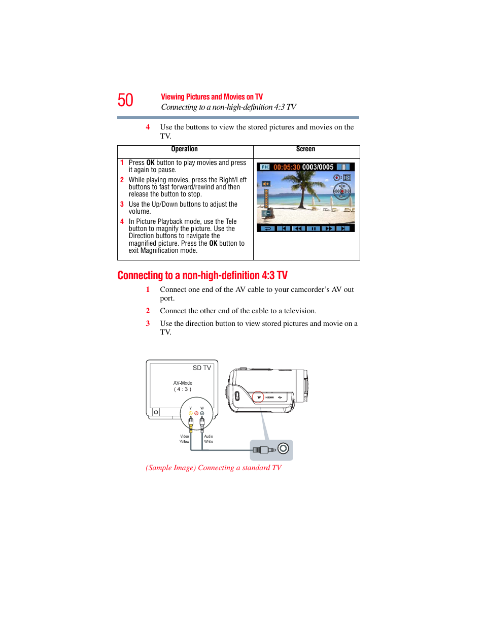 Connecting to a non-high-definition 4:3 tv | Toshiba Camileo X100 User Manual | Page 50 / 143