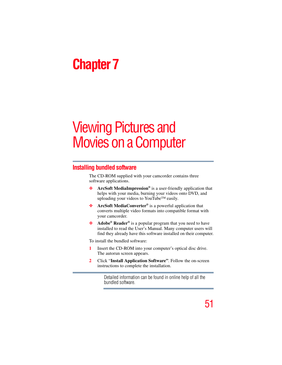 Installing bundled software, Viewing pictures and movies on a computer, Chapter 7 | Toshiba Camileo X100 User Manual | Page 51 / 143