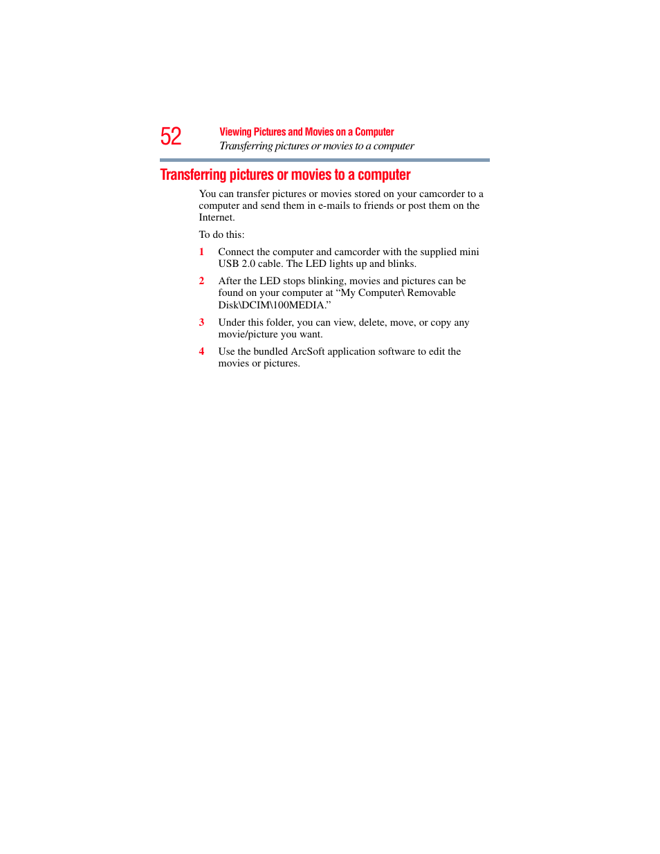 Transferring pictures or movies to a computer | Toshiba Camileo X100 User Manual | Page 52 / 143