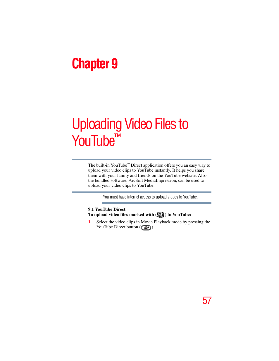 Chapter 9: uploading video files to youtube, Uploading video files to youtube, Chapter 9 | Toshiba Camileo X100 User Manual | Page 57 / 143