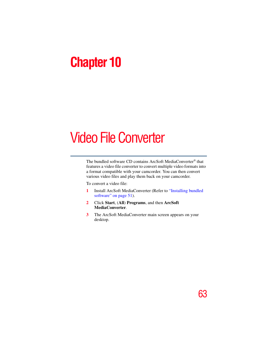 Chapter 10: video file converter, Video file converter, Chapter 10 | Toshiba Camileo X100 User Manual | Page 63 / 143