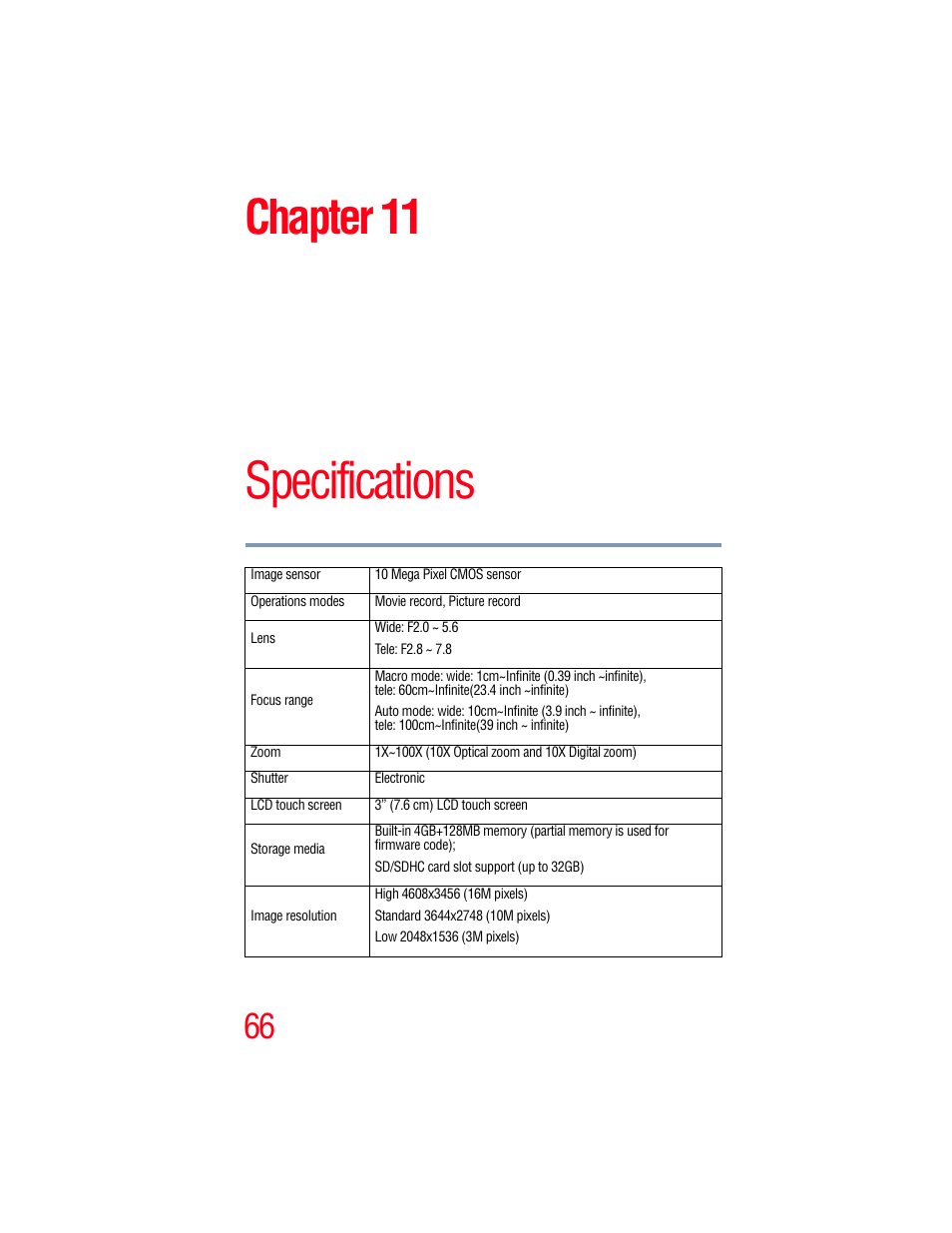Chapter 11: specifications, Specifications, Chapter 11 | Toshiba Camileo X100 User Manual | Page 66 / 143