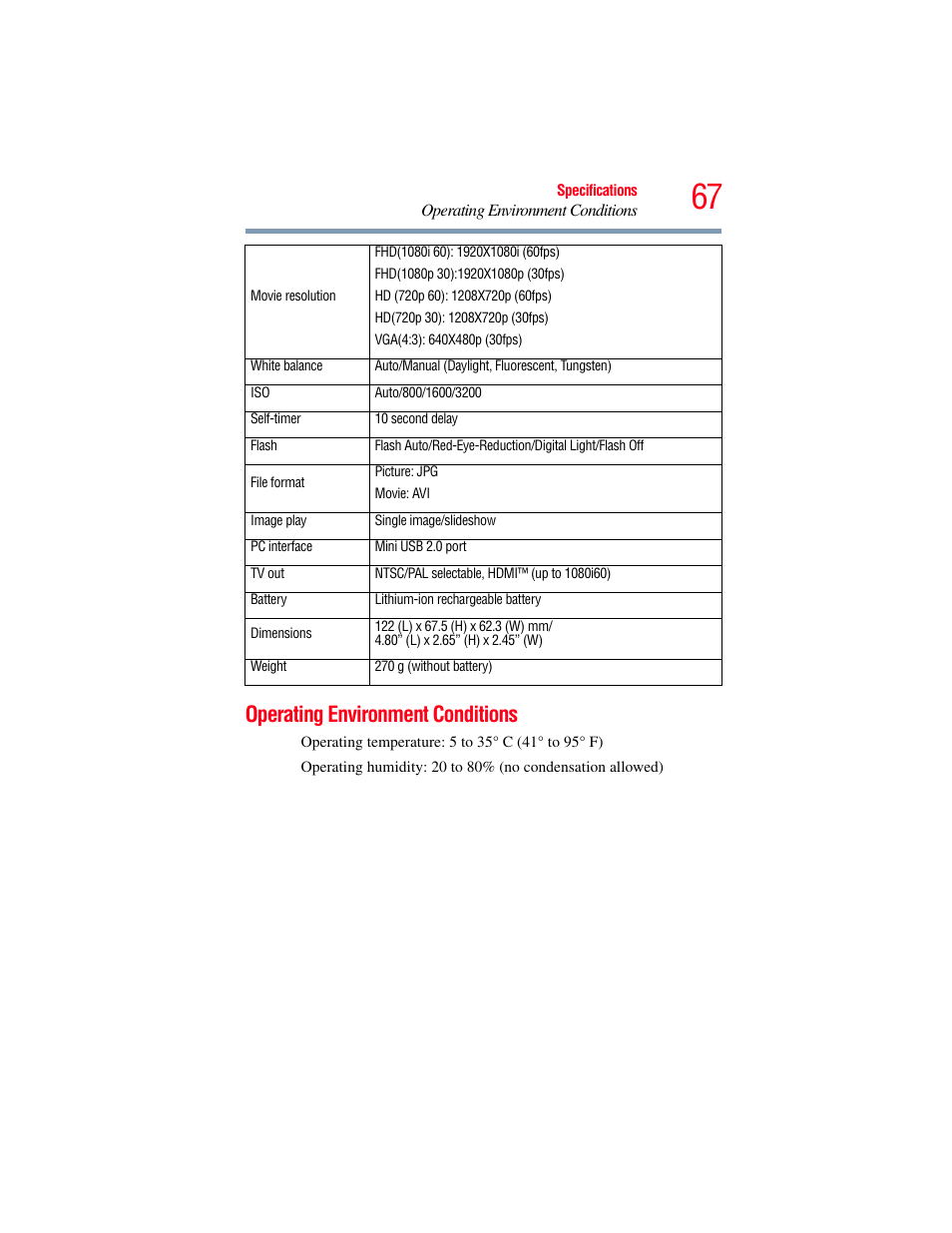 Operating environment conditions | Toshiba Camileo X100 User Manual | Page 67 / 143