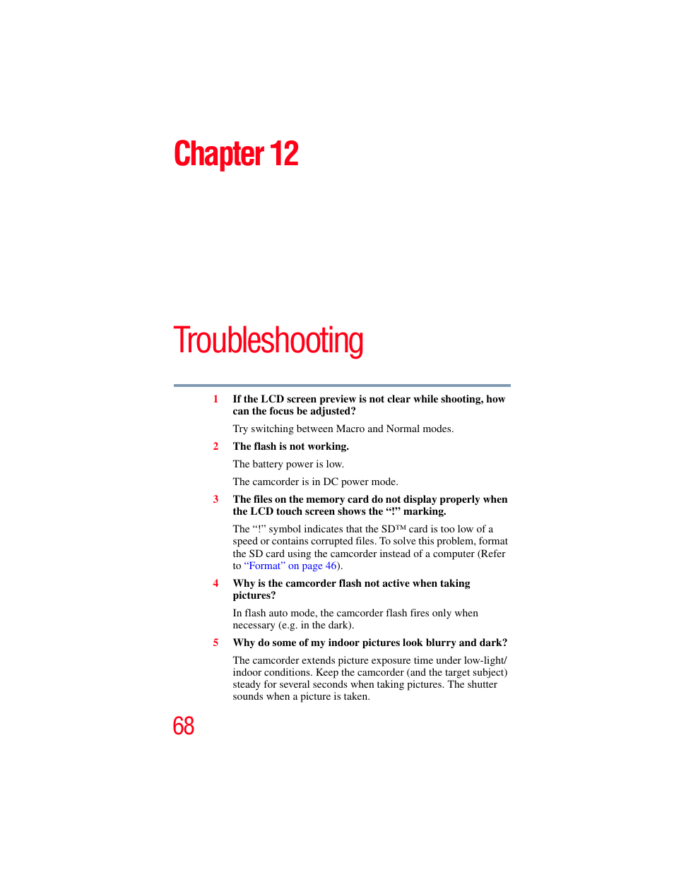Chapter 12: troubleshooting, Troubleshooting, Chapter 12 | Toshiba Camileo X100 User Manual | Page 68 / 143
