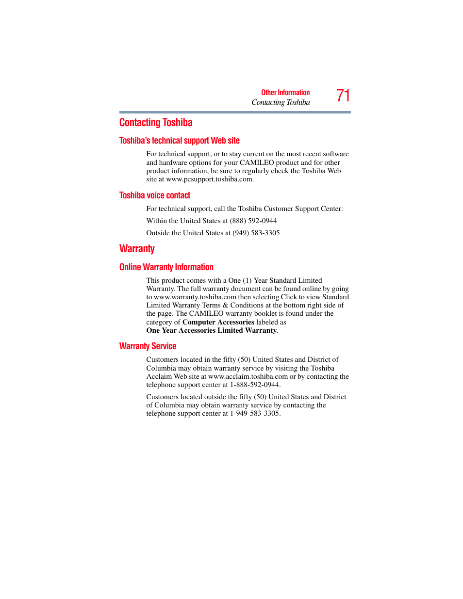 Contacting toshiba, Toshiba’s technical support web site, Toshiba voice contact | Warranty, Online warranty information, Warranty service, Online warranty information warranty service | Toshiba Camileo X100 User Manual | Page 71 / 143