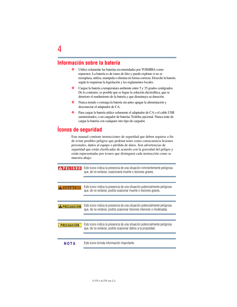 Información sobre la batería, Íconos de seguridad | Toshiba Camileo X100 User Manual | Page 75 / 143