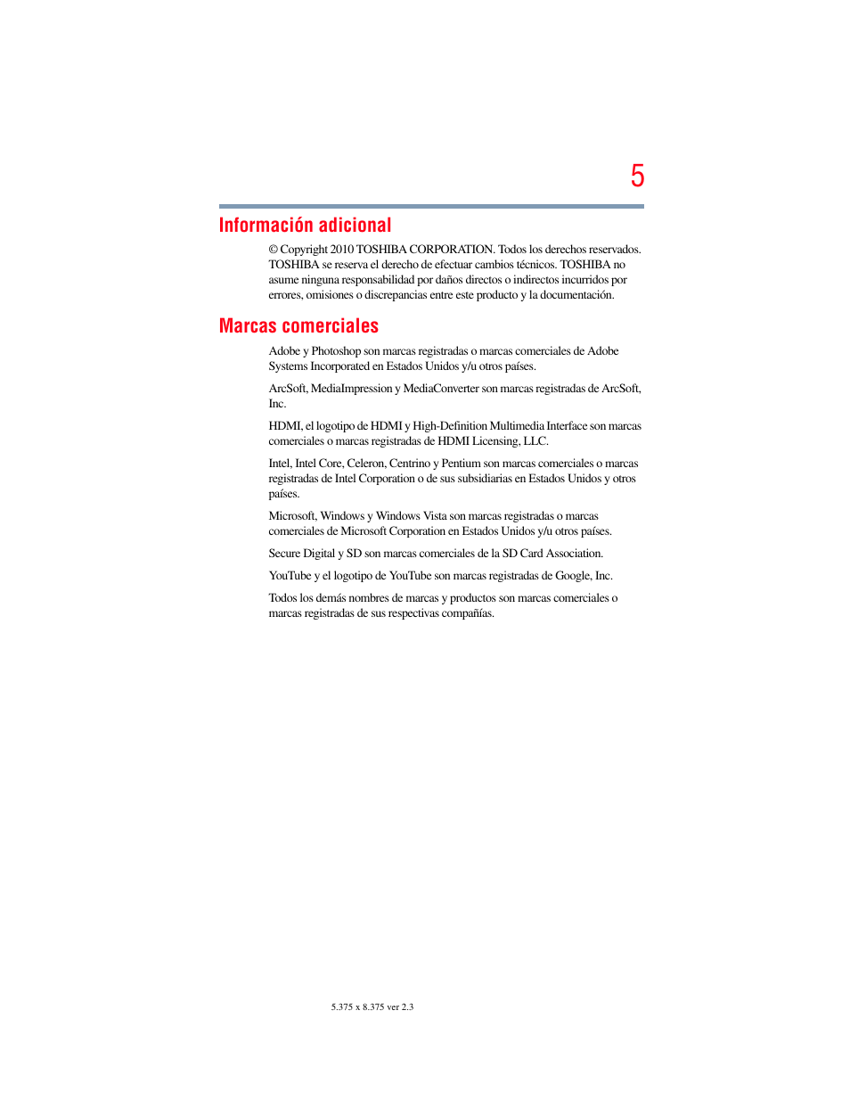 Información adicional, Marcas comerciales | Toshiba Camileo X100 User Manual | Page 76 / 143