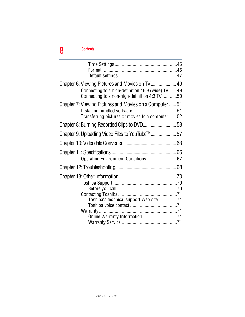 Toshiba Camileo X100 User Manual | Page 8 / 143