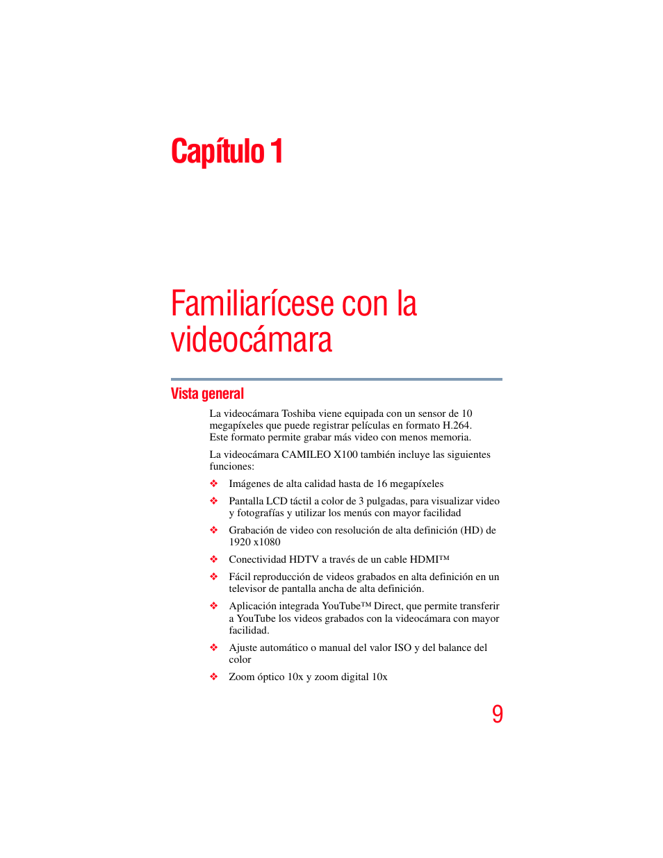 Capítulo 1: familiarícese con la videocámara, Vista general, Familiarícese con la videocámara | Capítulo 1 | Toshiba Camileo X100 User Manual | Page 80 / 143