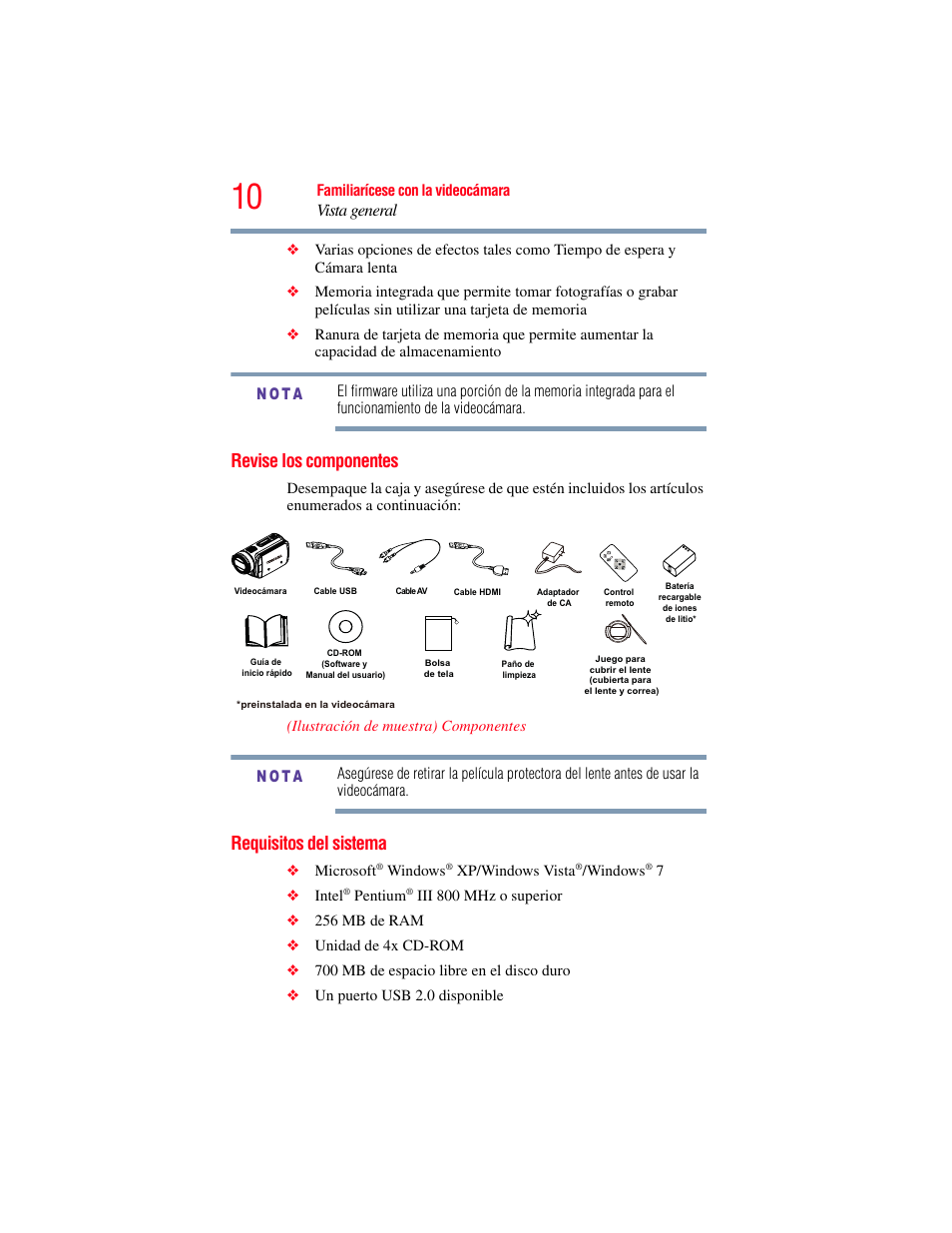 Revise los componentes, Requisitos del sistema, Revise los componentes requisitos del sistema | Vista general | Toshiba Camileo X100 User Manual | Page 81 / 143