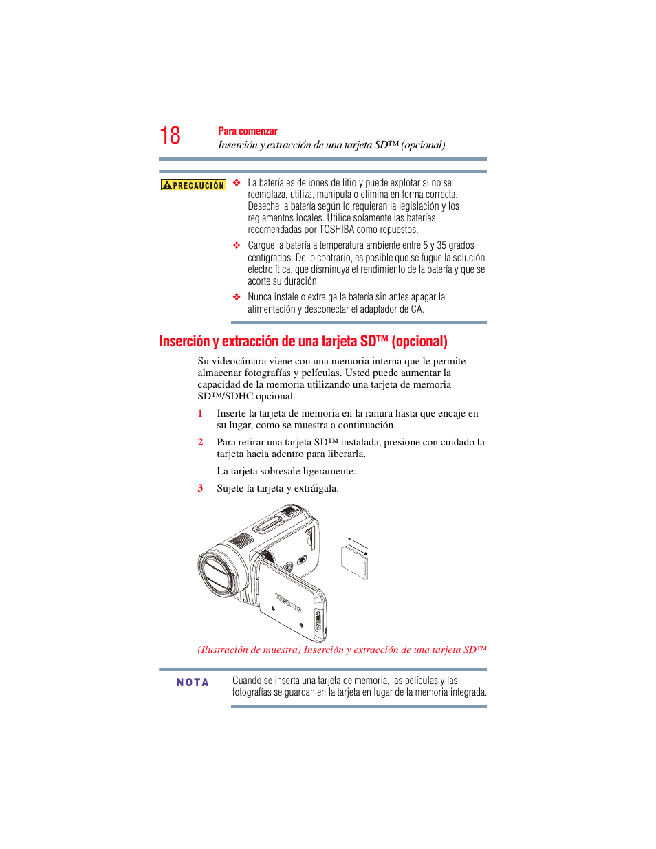 Inserción y extracción de una tarjeta sd, Opcional) | Toshiba Camileo X100 User Manual | Page 89 / 143