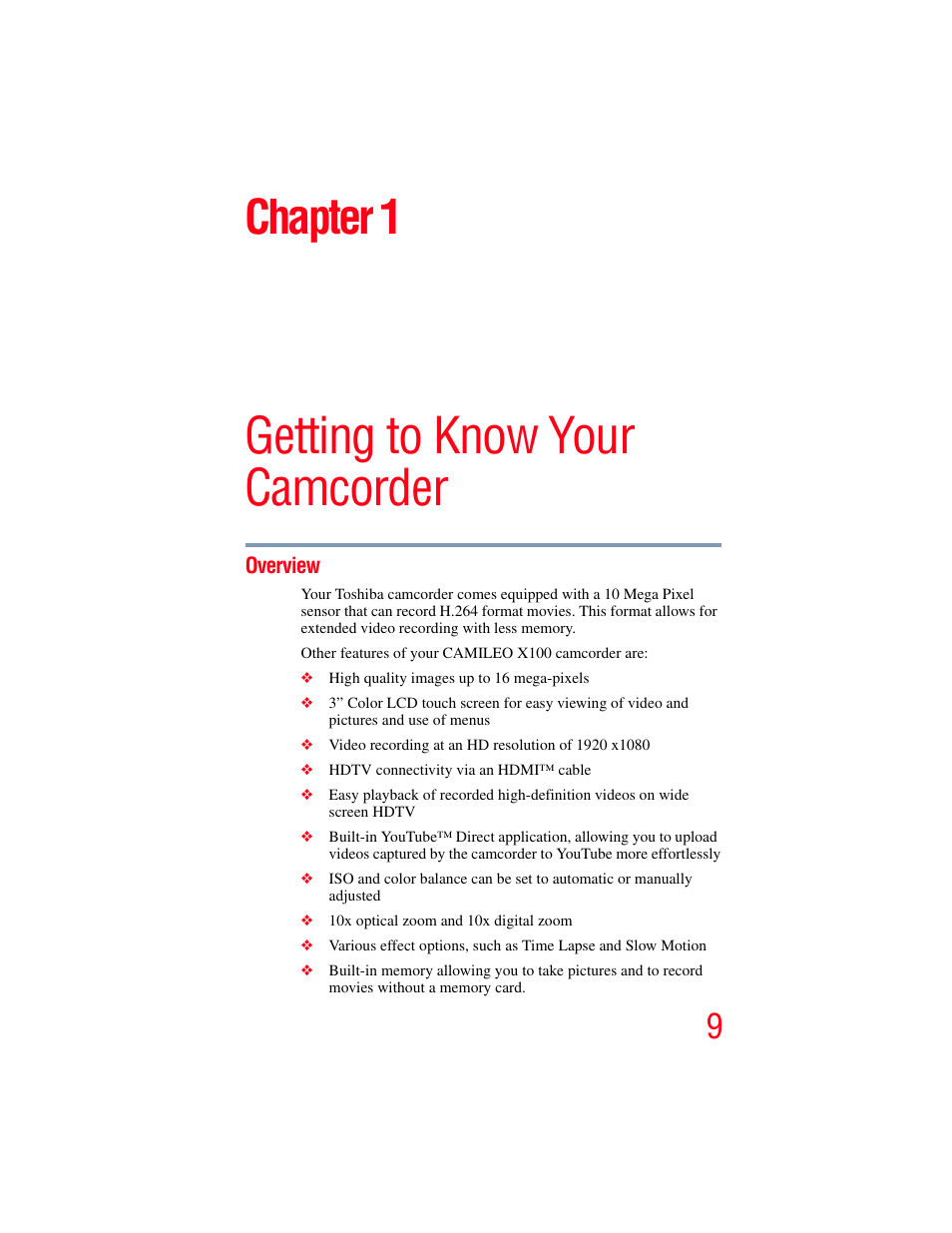 Chapter 1: getting to know your camcorder, Overview, Getting to know your camcorder | Chapter 1 | Toshiba Camileo X100 User Manual | Page 9 / 143