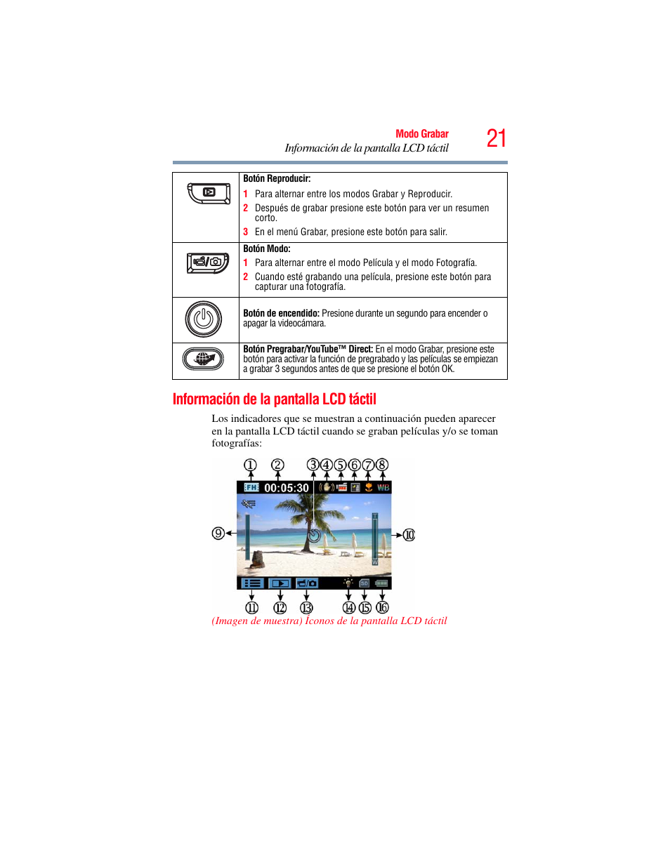 Información de la pantalla lcd táctil | Toshiba Camileo X100 User Manual | Page 92 / 143