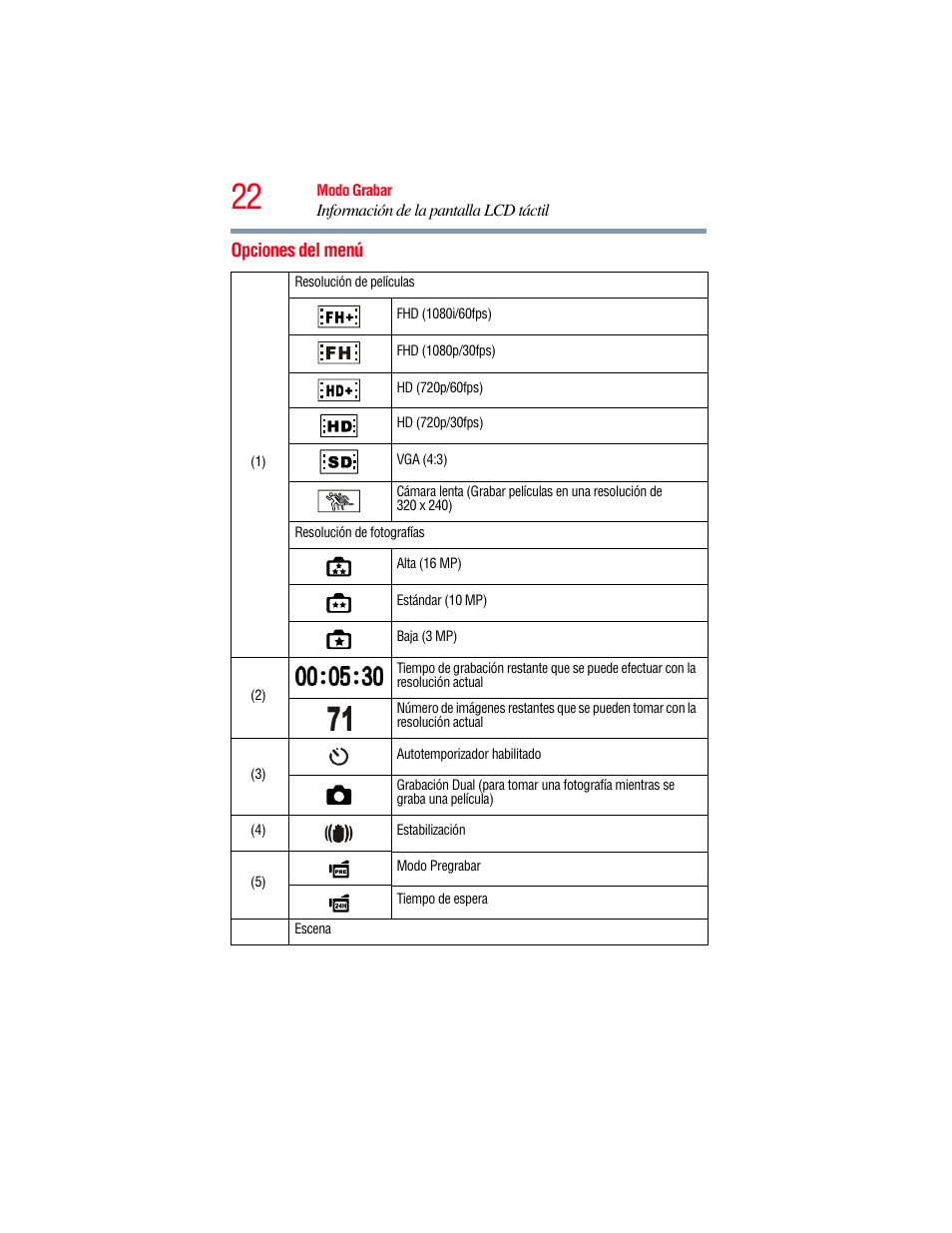 Opciones del menú | Toshiba Camileo X100 User Manual | Page 93 / 143