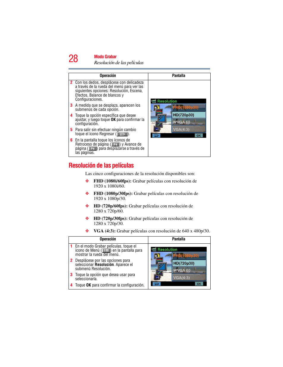 Resolución de las películas | Toshiba Camileo X100 User Manual | Page 99 / 143