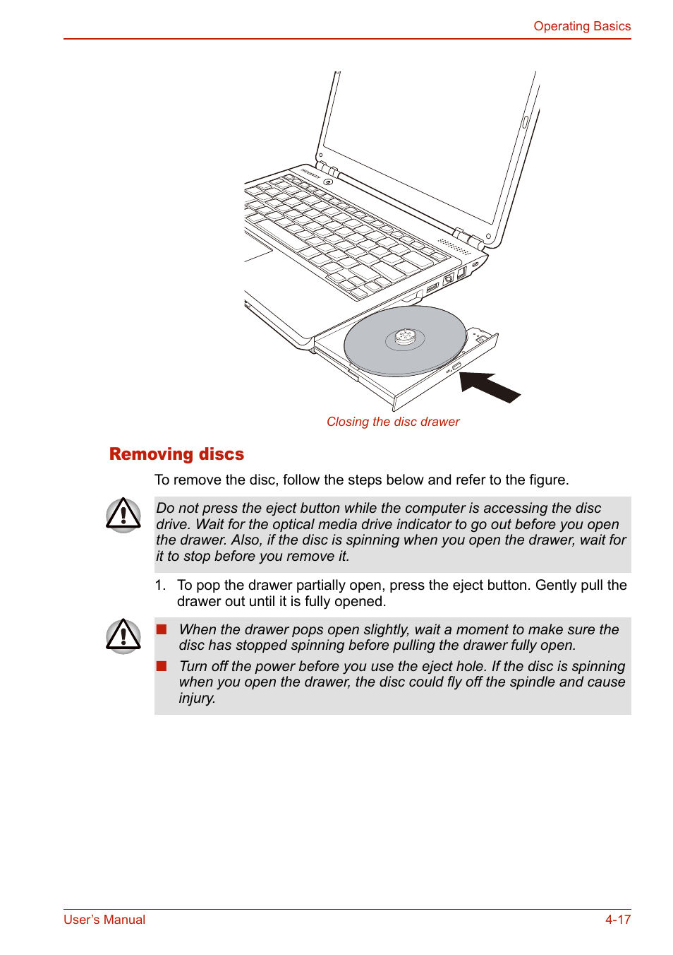 Removing discs, Removing discs -16 | Toshiba SATELLITE L310 User Manual | Page 103 / 224