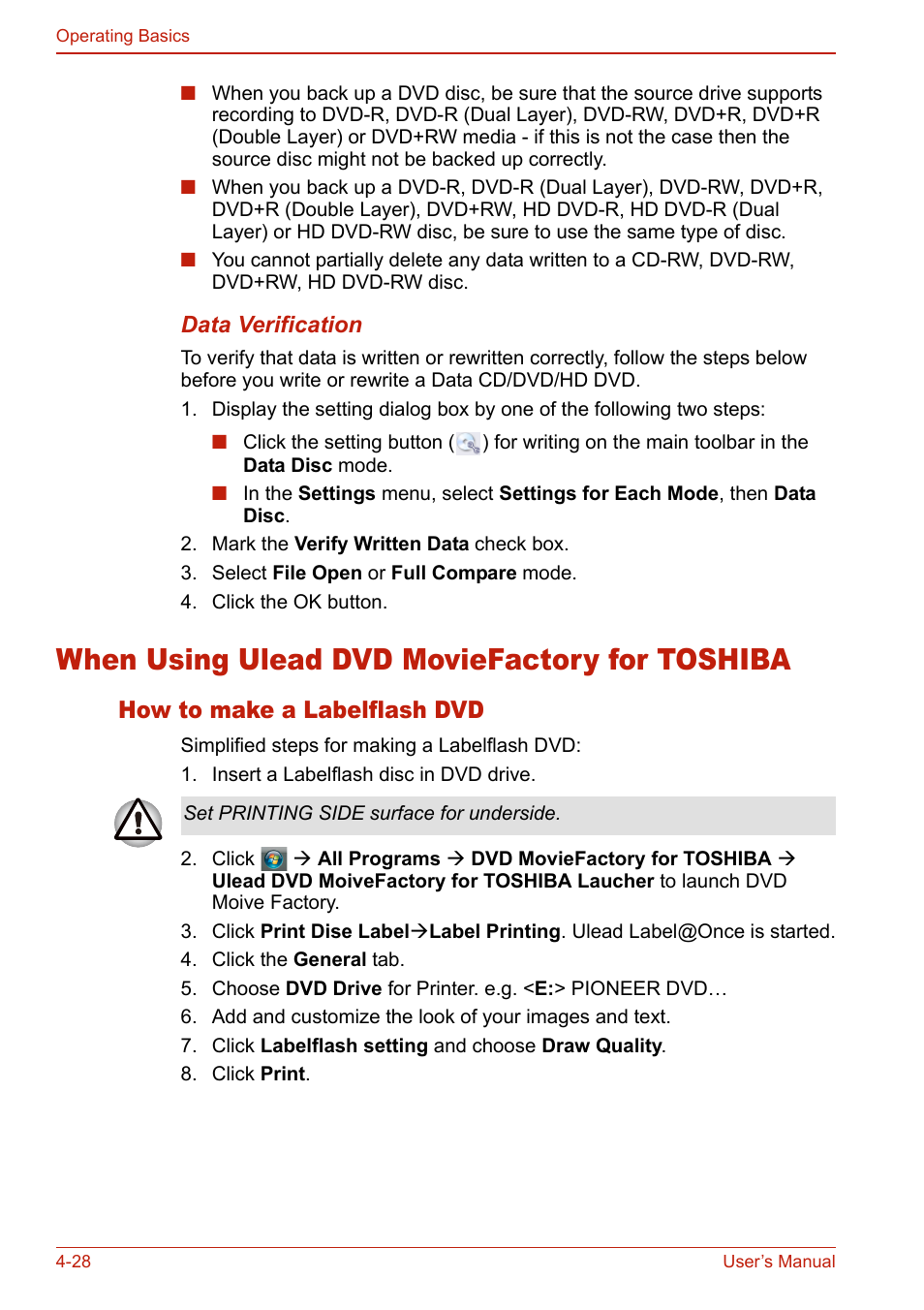 When using ulead dvd moviefactory for toshiba, How to make a labelflash dvd, When using ulead dvd moviefactory for toshiba -27 | How to make a labelflash dvd -27 | Toshiba SATELLITE L310 User Manual | Page 114 / 224
