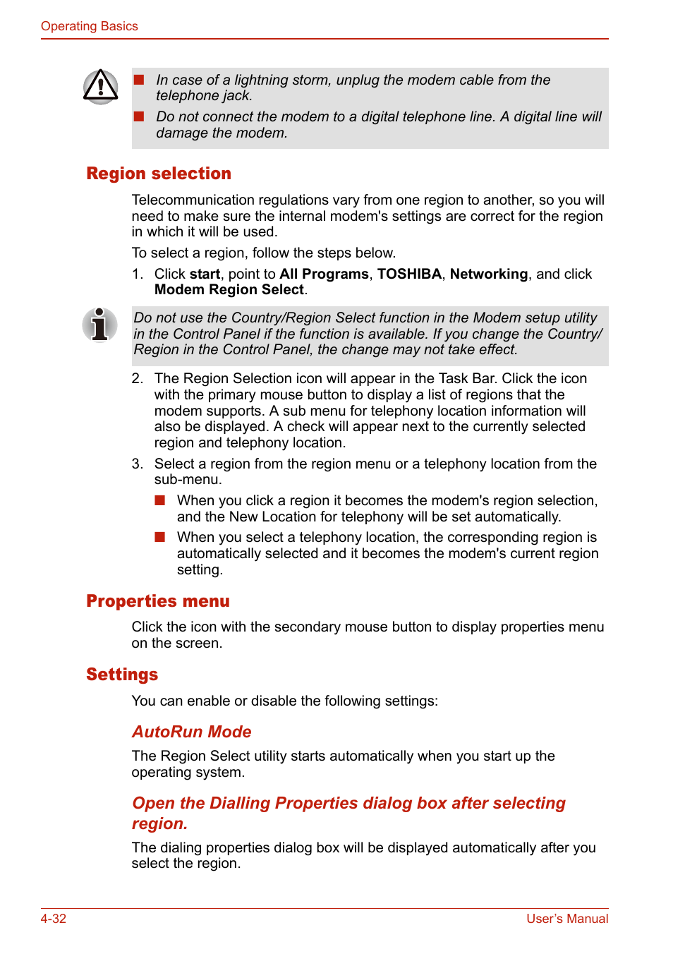 Region selection, Properties menu, Settings | Toshiba SATELLITE L310 User Manual | Page 118 / 224