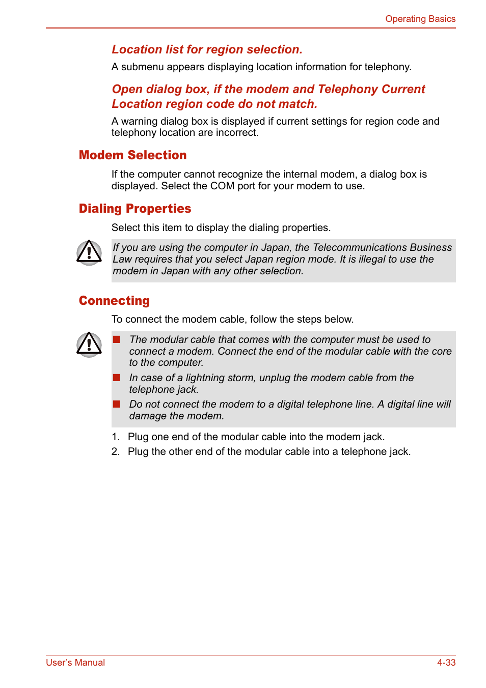 Modem selection, Dialing properties, Connecting | Toshiba SATELLITE L310 User Manual | Page 119 / 224