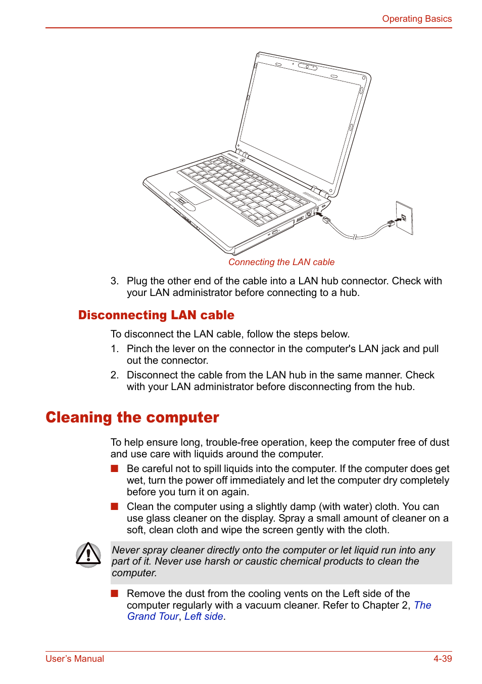 Disconnecting lan cable, Cleaning the computer, Disconnecting lan cable -38 | Cleaning the computer -38 | Toshiba SATELLITE L310 User Manual | Page 125 / 224