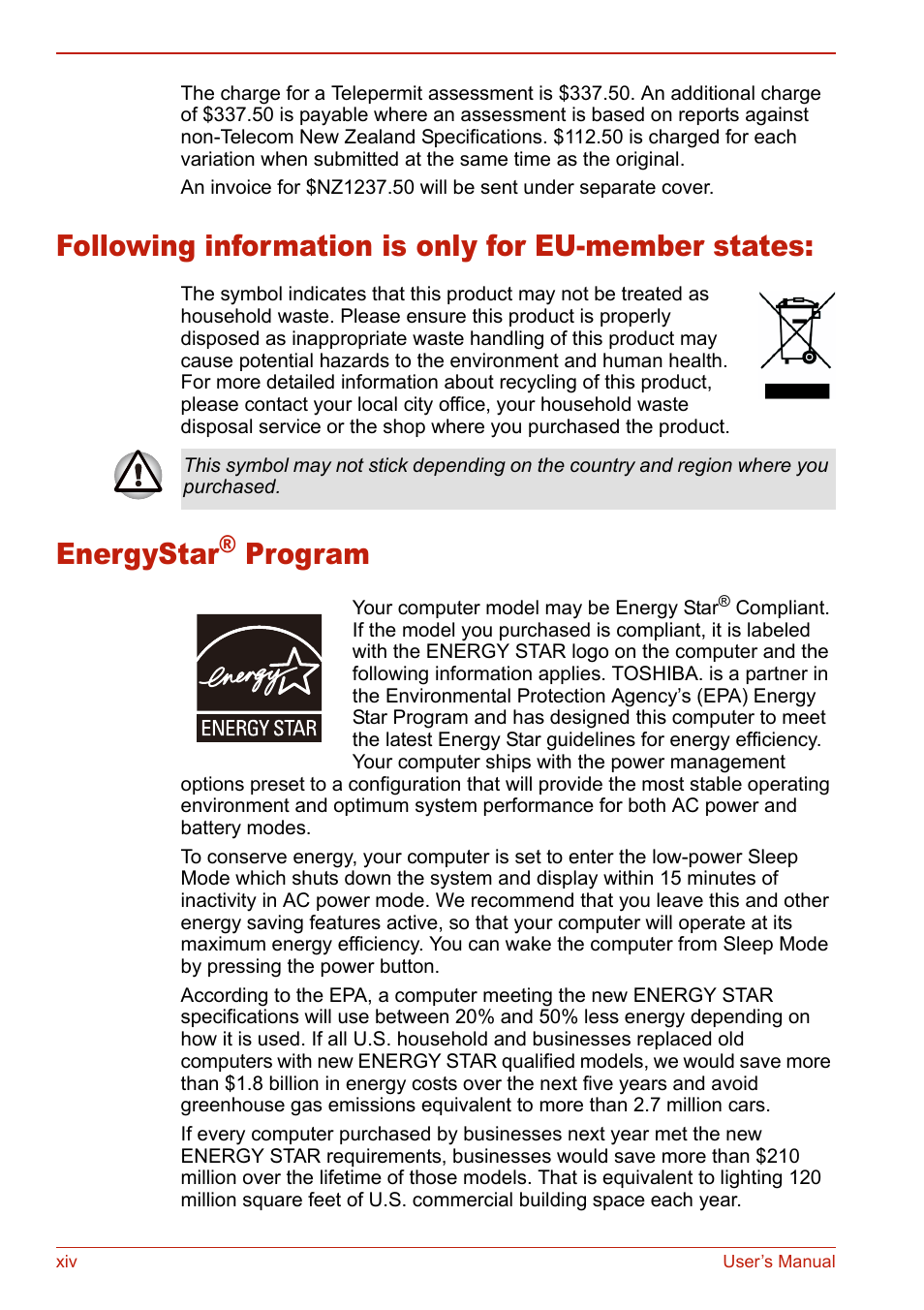 Following information is only for eu-member states, Energystar® program, Energystar | Program | Toshiba SATELLITE L310 User Manual | Page 14 / 224